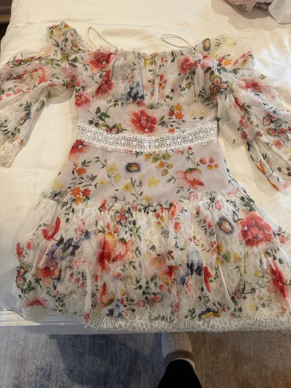 Alice + Olivia White Floral Off-Shoulder Mini Dress with Red & Yellow Blooms